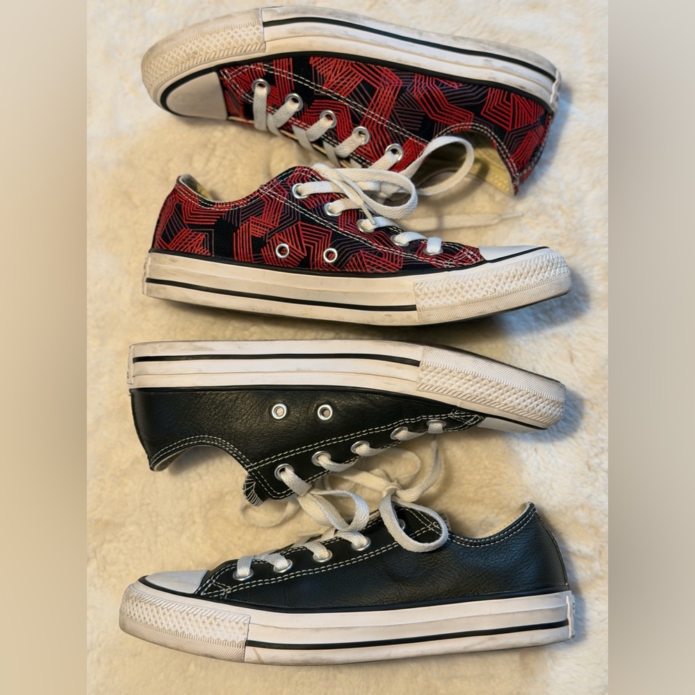 2 Pairs of Converse Women's Sneakers - Black Leather and Red Print Canvass